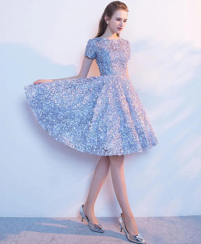 Single item design Cute A Line Blue Short Prom Dress, Gray Homecoming Dress