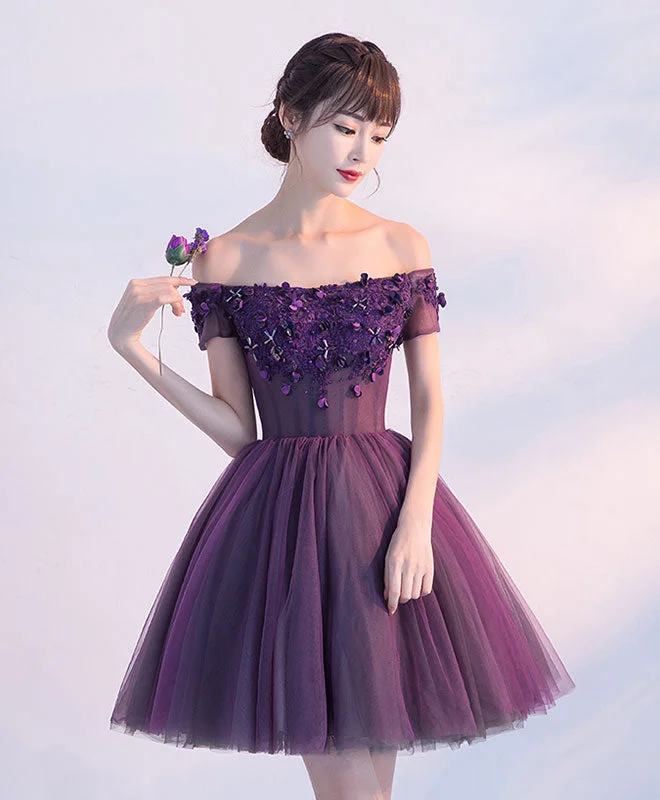 Cool Summer Cute A Line Purple Off Shoulder Short Prom Dress,Homecoming Dress
