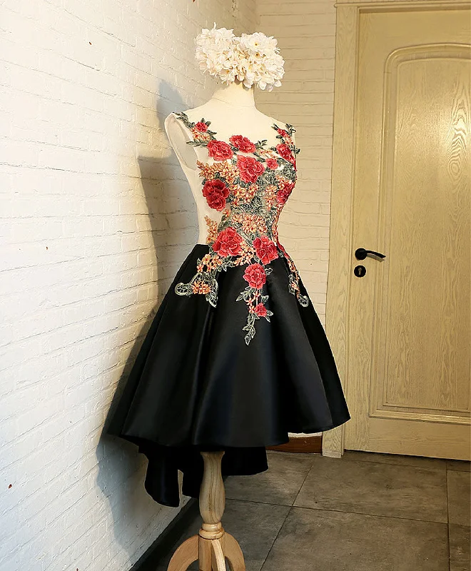 Classic Retro Cute Black Lace High Low Prom Dress, Black Homecoming Dress