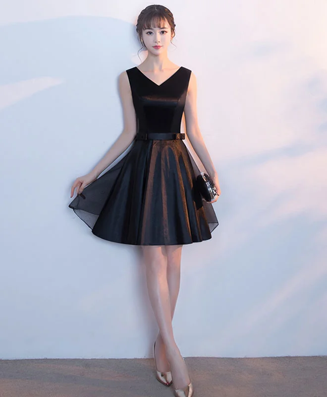 Minimalism Cute Black V Neck Short Prom Dress With Bow, Homecoming Dress