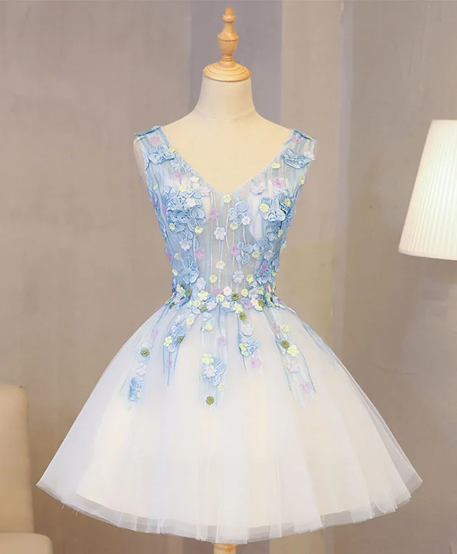 Elegant Style Cute Blue Lace Applique Short Prom Dress, Homecoming Dress