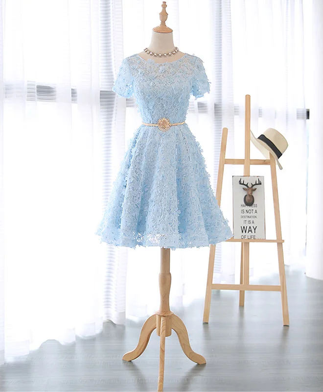 Nightclub Style Cute Blue Lace Short Prom Dress, Blue Homecoming Dress
