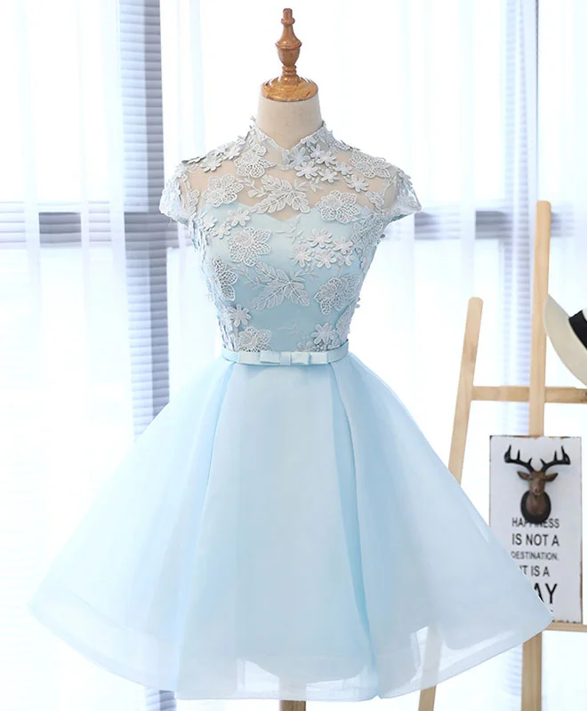 Girl Style Cute Blue Lace Tulle Short Prom Dress. Cute Homecoming Dress