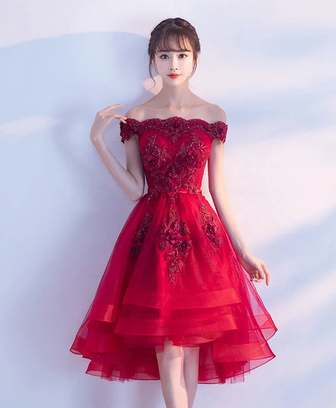 Fresh And Simple Cute Burgundy Lace Tulle Short Prom Dress, Burgundy Party Dress