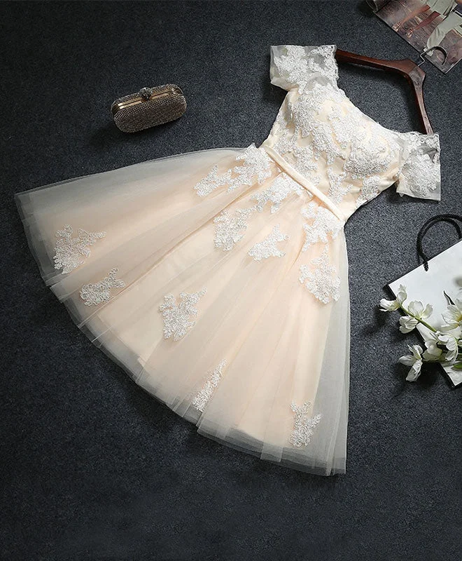 Comfortable And Simple Cute Champagne Lace Short Prom Dress, Homecoming Dress