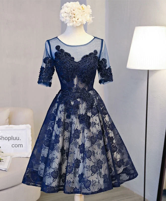 Casual And Versatile Cute Dark Blue Lace Short Prom Dress, Blue Homecoming Dress