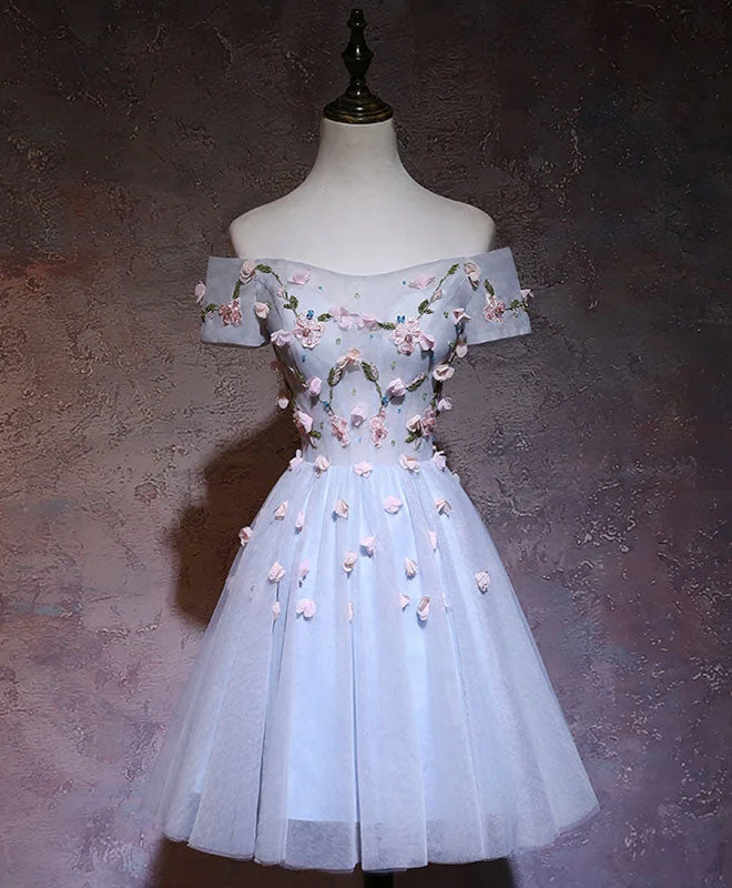 Exquisite Fabrics Cute Gray Blue Tulle Short Prom Dress, Gray Blue Homecoming Dress