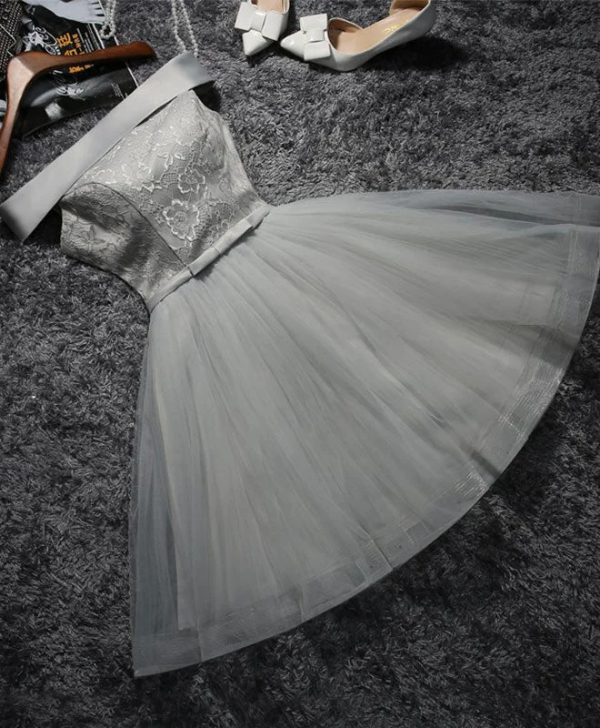 Fashion Elements Cute Gray Lace Tulle Short Prom Dress, Gray Homecoming Dress