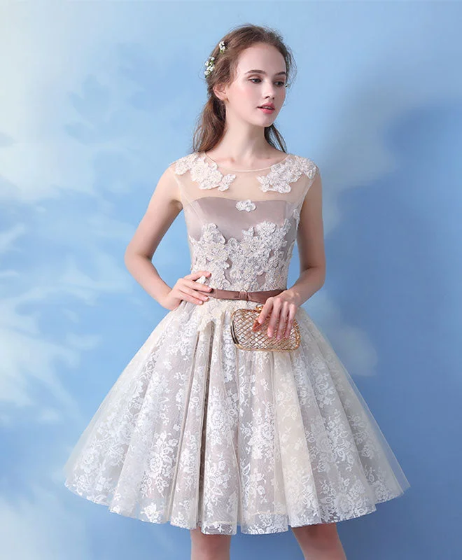 High-end Design Cute Round Neck Champagne Lace Short Prom Dress, Lace Evening Dress
