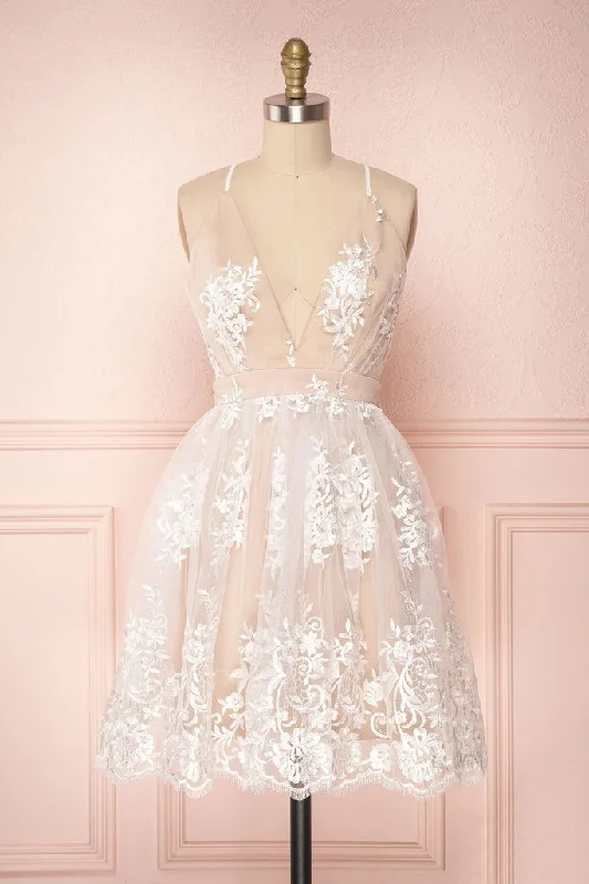 Double-sided Wear Cute V Neck Backless Pink Lace Appliques Short Prom Dress, Pink Lace Formal Graduation Homecoming Dress M2827 Double-sided Wear Cute V Neck Backless Pink Lace Appliques Short Prom Dress, Pink Lace Formal Graduation Homecoming Dress M2827