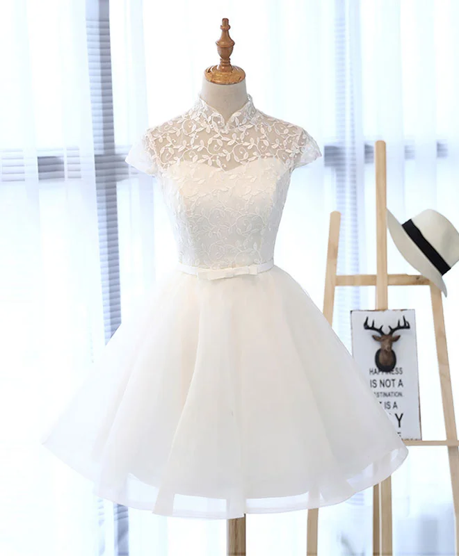 Single-shoulder Neck Design Cute White Lace Short Prom Dress, White Homecoming Dress Single-shoulder Neck Design Cute White Lace Short Prom Dress, White Homecoming Dress