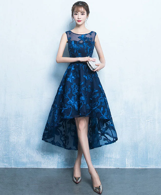 Stunning Fashion Dark Blue High Low Short Prom Dress, Lace Evening Dress