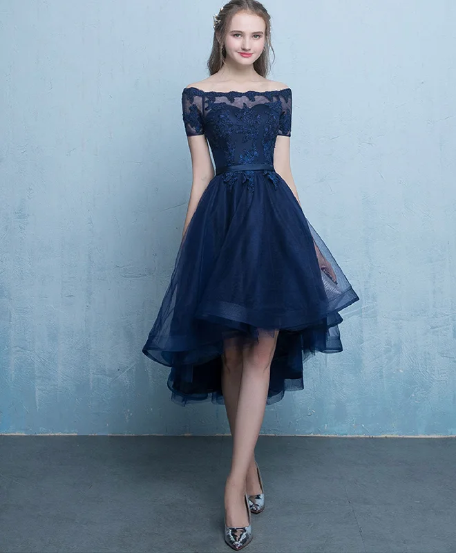 Denim Design Dark Blue Lace Tulle Short Prom Dress, High Low Evening Dress