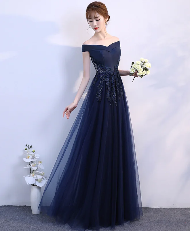 Fresh And Natural Dark Blue Off Shoulder Long Prom Dress, Blue Evening Dress