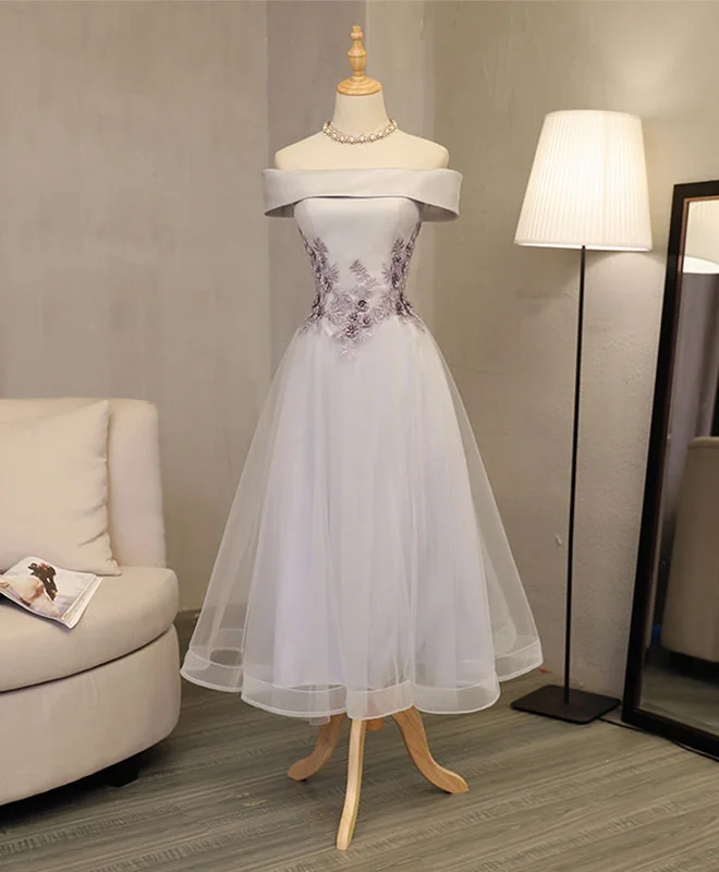Fashion Elements Gray A Line Off Shoulder Tea Length Prom Dress, Lace Homecoming Dress Fashion Elements Gray A Line Off Shoulder Tea Length Prom Dress, Lace Homecoming Dress