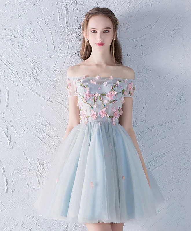 Minimal Style Gray Blue Tulle Lace Applique Short Prom Dress, Homecoming Dress