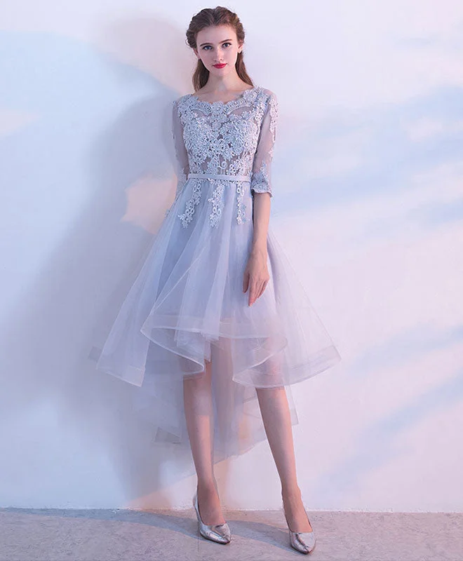 Simple Style Gray Lace Tulle High Low Prom Dress, Gray Bridesmaid Dress