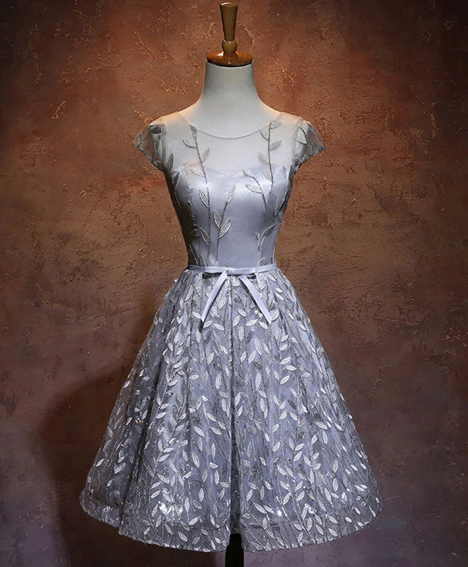Outdoor Trend Gray Round Neck Lace Short Prom Dress,Cute Homecoming Dress