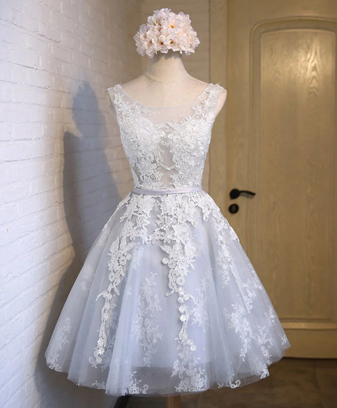 French Style Gray Tulle Lace Applique Short Prom Dress, Gray Homecoming Dresses