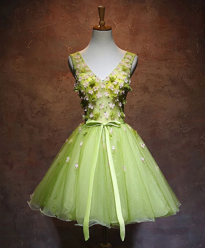 Slightly Flared Design Green V Neck Tulle Short Prom Dress, Green Homecoming Dress