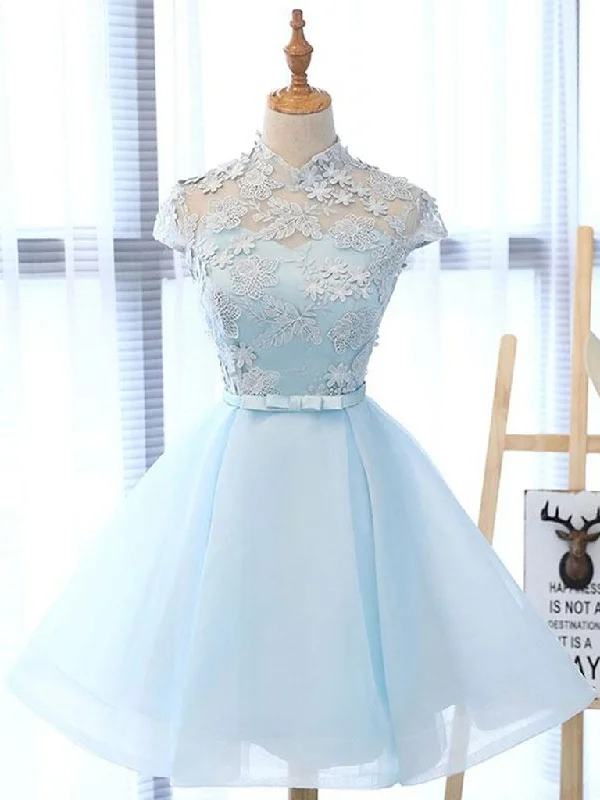 Single item design High Neck Short Blue Lace Prom Dresses, Short Blue Lace Graduation Homecoming Dresses M2482 Single item design High Neck Short Blue Lace Prom Dresses, Short Blue Lace Graduation Homecoming Dresses M2482