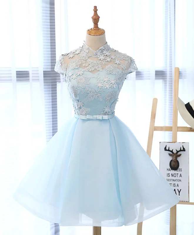 Knowledge And Elegance Light Blue Applique Short Prom Dress, Blue Homecoming Dress
