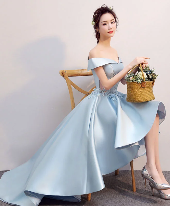Unique prints Light Blue High Low Lace Prom Dress, Blue Formal Bridesmaid Dress