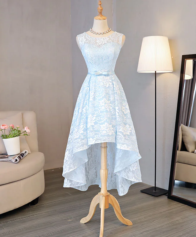 College Style Light Blue Lace High Low Prom Dress, Homecoming Dress