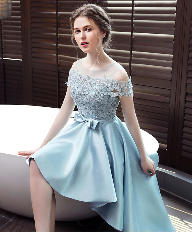 Hooded design Light Blue Satin Lace Prom Dress, Blue Lace Evening Dress