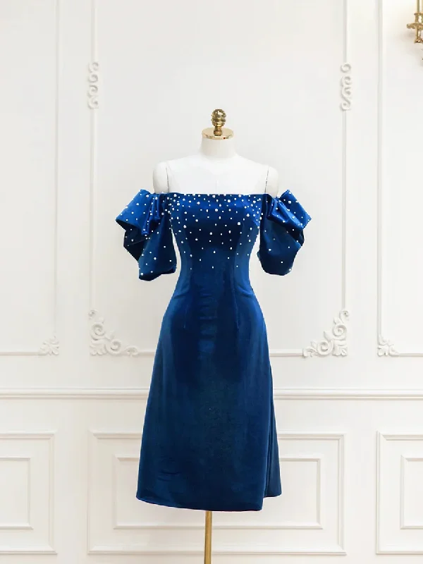 Diamond Series Dark Blue Off Shoulder Midi Cocktail Dress with Pearls MD7203