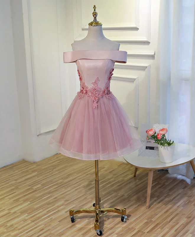 Warm And Comfortable Pink A Line Off Shoulder Knee Length Prom Dress, Lace Homecoming Dresses Warm And Comfortable Pink A Line Off Shoulder Knee Length Prom Dress, Lace Homecoming Dresses