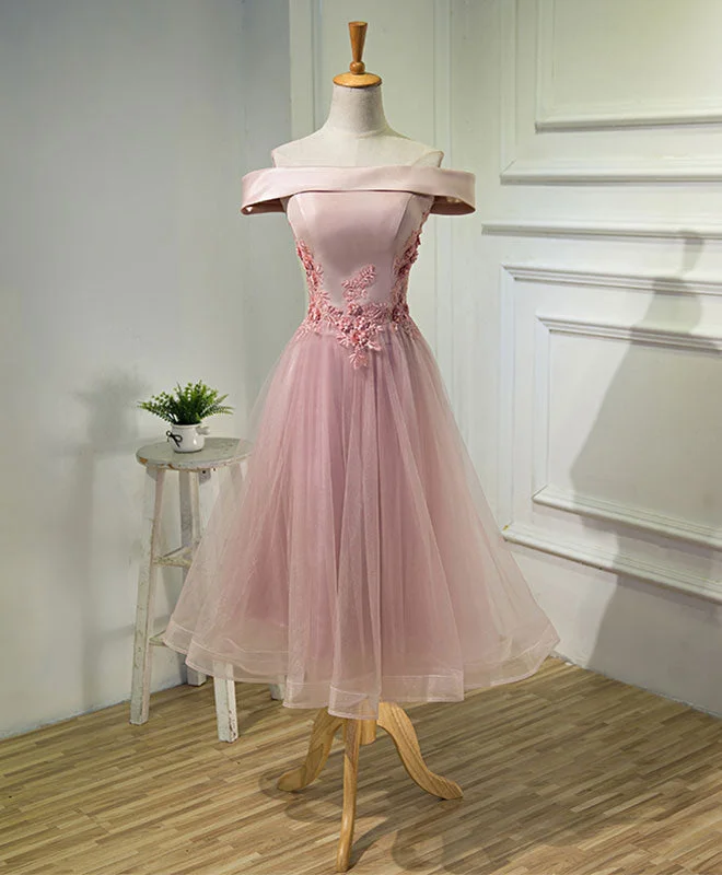 Simple Solid Color Pink A Line Off Shoulder Tea Length Prom Dress, Lace Homecoming Dresses Simple Solid Color Pink A Line Off Shoulder Tea Length Prom Dress, Lace Homecoming Dresses