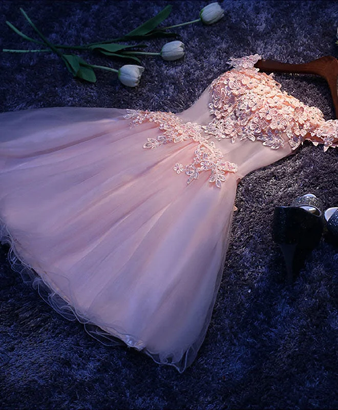 Knitted Design Pink A Line Tulle Lace Short Prom Dress, Homecoming Dress