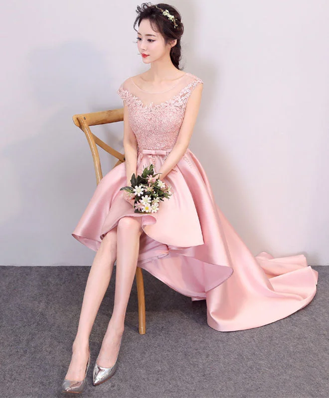 Wandering freely Pink High Low Lace Prom Dress, Pink Formal Bridesmaid Dress