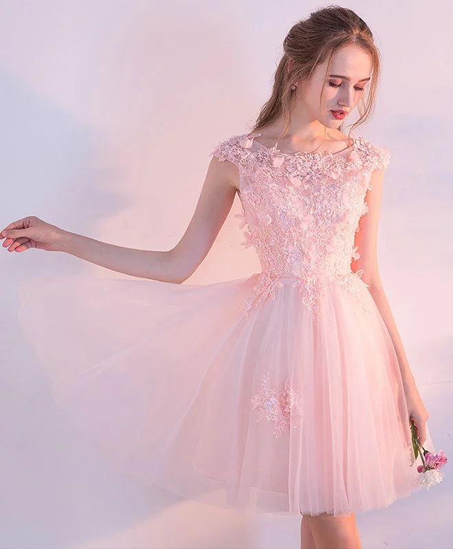 Dessert Matching Pink Lace Tulle Short Prom Dress, Lace Pink Cute Homecoming Dresses