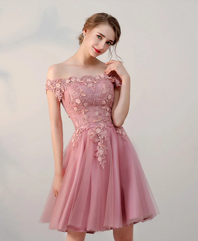 Knowledge And Elegance Pink Lace Tulle Short Prom Dress, Pink Evening Dresses