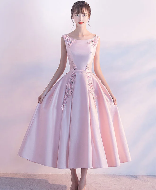 Mid-length Style Pink Satin Lace Tea Length Prom Dress, Pink Evening Dress