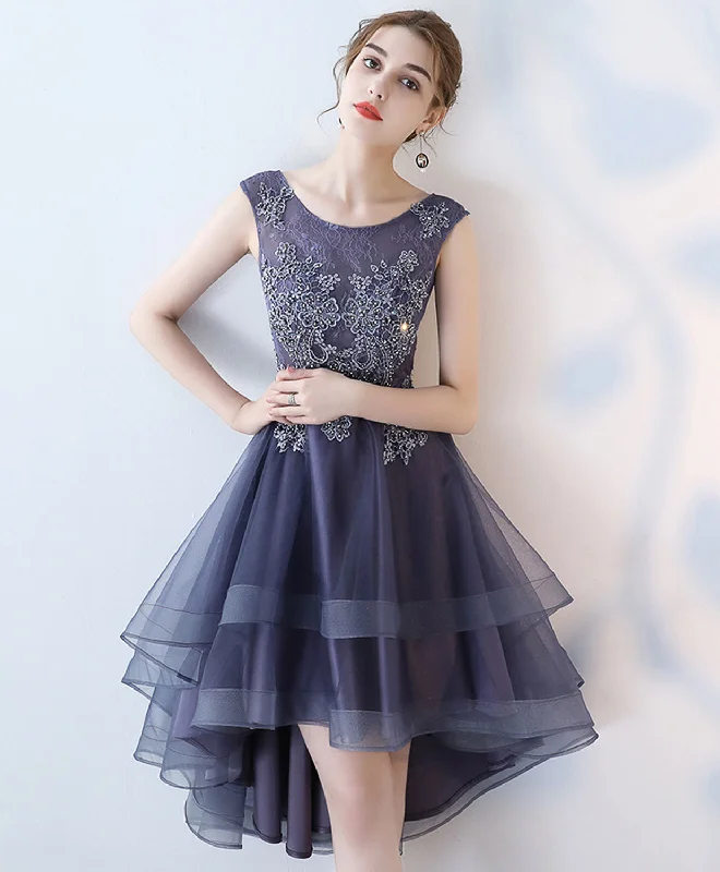 Innovative Design Purple Round Neck lace Tulle High Low Prom Dress, Homecoming Dress Innovative Design Purple Round Neck lace Tulle High Low Prom Dress, Homecoming Dress