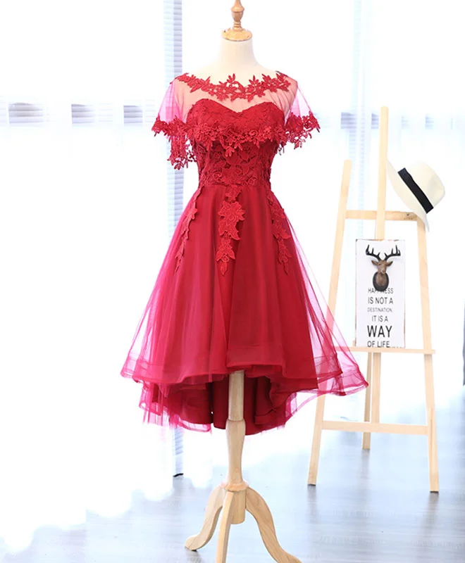 Customized Version Red Round Neck Lace Tulle Short Prom Dress
