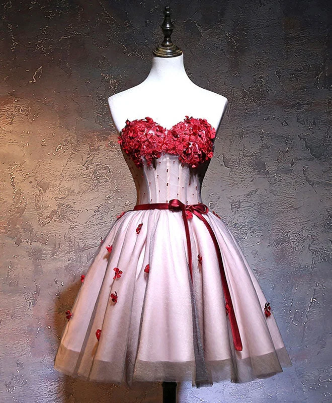 Multi-functional style Burgundy Sweetheart Neck Lace Short Prom Dress, Burgundy Homecoming Dress Multi-functional style Burgundy Sweetheart Neck Lace Short Prom Dress, Burgundy Homecoming Dress