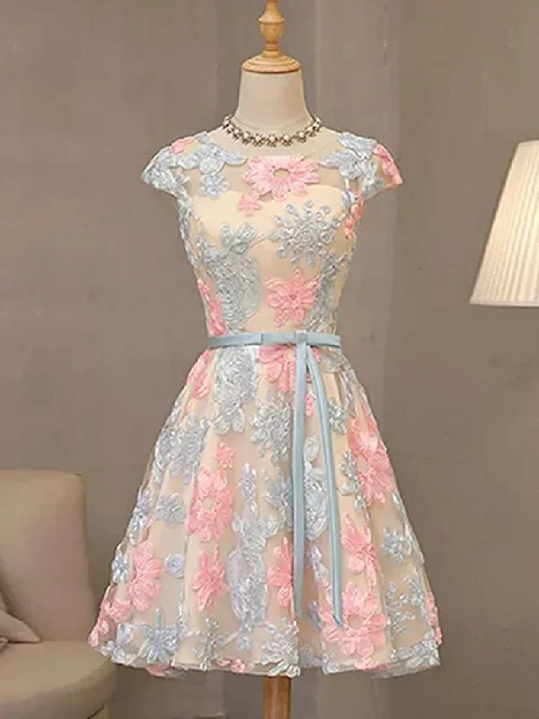 Eye-catching Personality Round Neck Colorful Short Cap Sleeves Lace Prom Dresses, Short Colorful Lace Graduation Homecoming Dresses M2490 Eye-catching Personality Round Neck Colorful Short Cap Sleeves Lace Prom Dresses, Short Colorful Lace Graduation Homecoming Dresses M2490