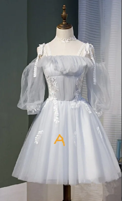 Casual Style Short Silver Tulle Homecoming Dresses with Sleeves M6107