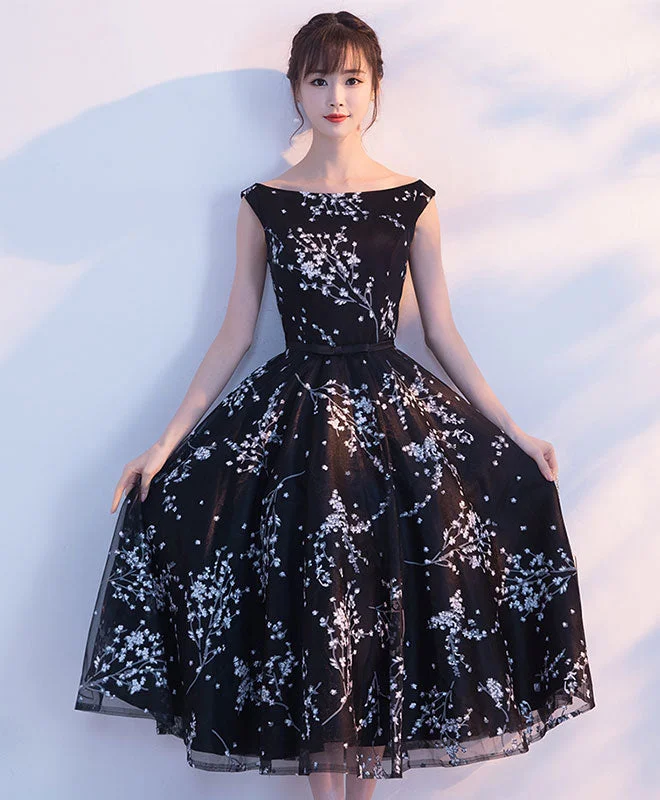 Hooded design Simple Black Tulle Tea Length Prom Dress, Black Evening Dress
