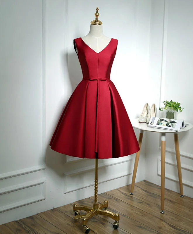 Celebrity Style Simple Burgundy Satin V Neck Short Prom Dress, Evening Dress
