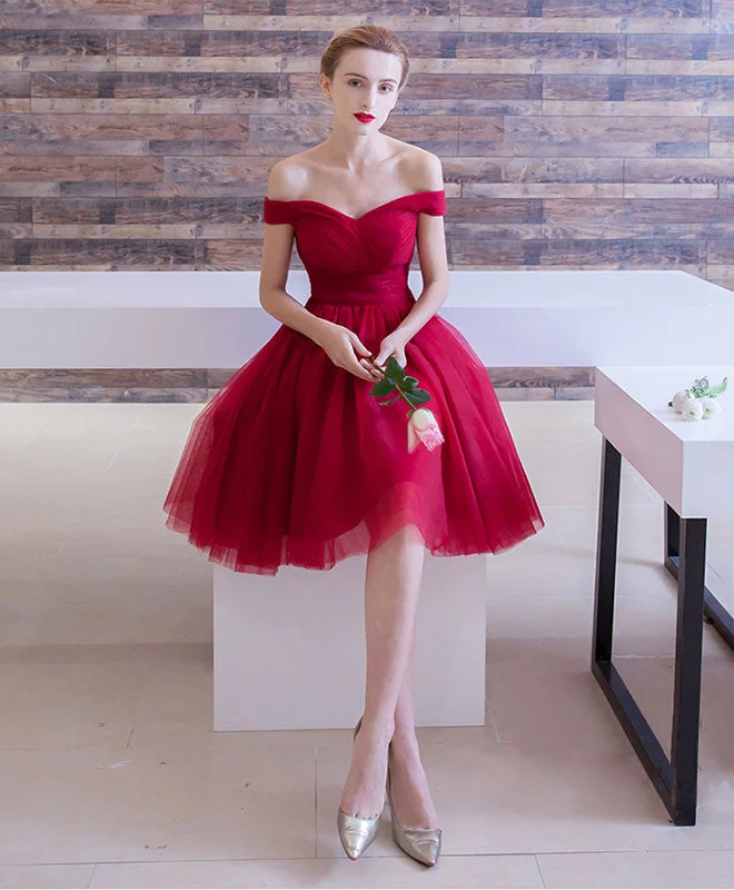 Cool Summer Simple Burgundy Tulle Short Prom Dress, Burgundy Homecoming Dress