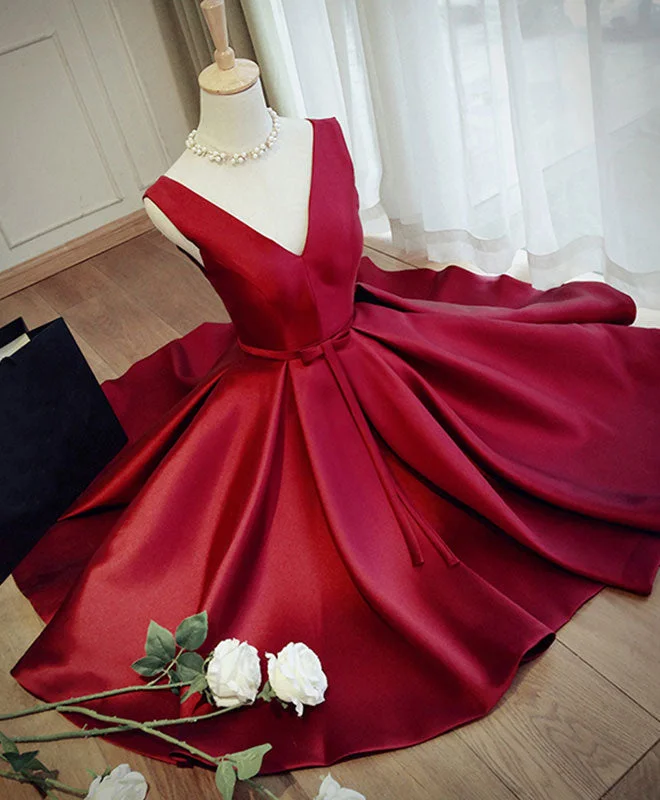 Multi-functional style Simple Burgundy V Neck Short Prom Dress, Burgundy Evening Dress