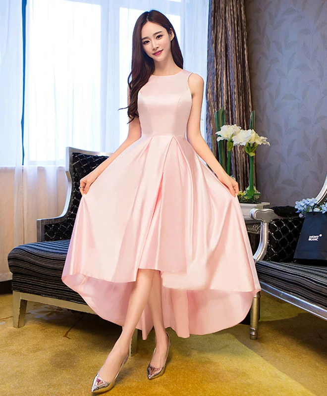British Fashion Simple Pink Satin Tea Length Prom Dress, Pink Homecoming Dresses