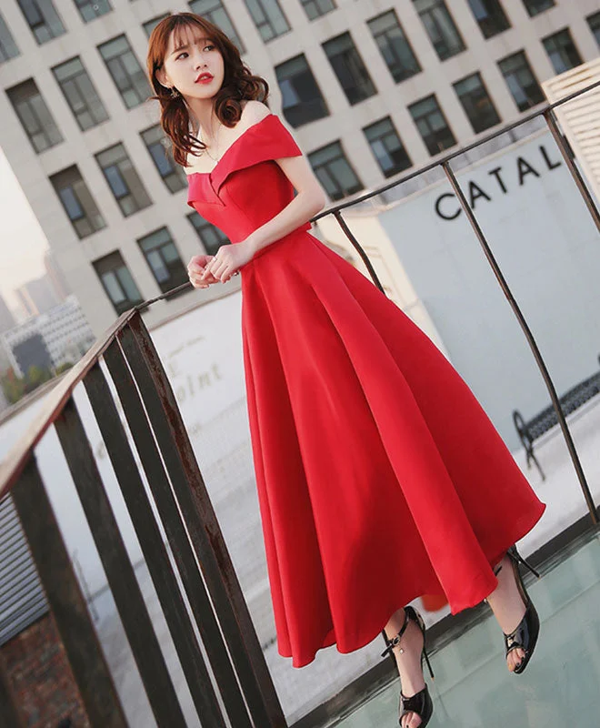 Slim Fit Simple Red Off Shoulder Tea Length Prom Dress, Red Evening Dress