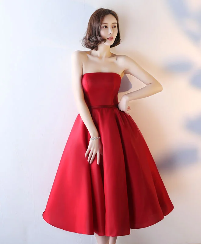 Elegant And Lazy Simple Red Strapless Tea Length Prom Dress, Red Evening Dress