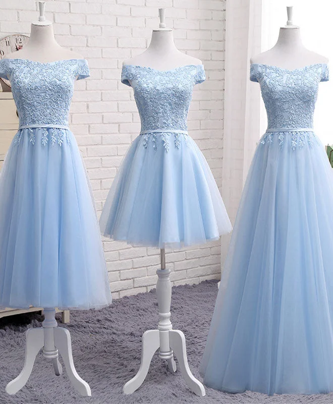 Carefree Sky Blue A Line Lace Off Shoulder Prom Dress, Lace Bridesmaid Dresses